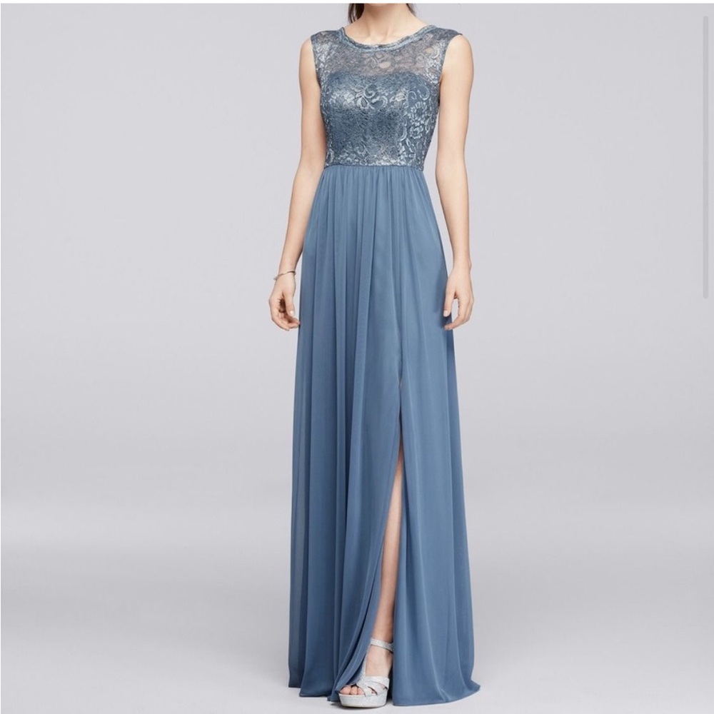David’s Bridal F19328M Steel Blue Lace Sleeveless Bridesmaids Dress Size 4